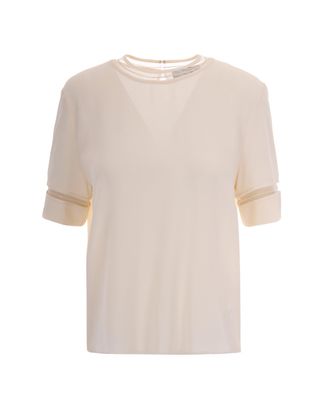 Fabiana Filippi Short-Sleeved Blouse In Washed Crepe De Chine With Tulle Trims