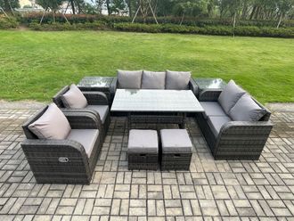 Fimous 9 Seater Garden Rattan Furniture Dining Table Sofa Set Indoor Outdoor with 2 Reclining Chairs 2 Side Tables 2 Small Footstools in Dark Grey