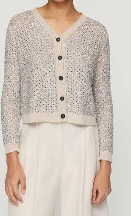 Lafayette 148 New York Metallic Linen-Silk Pointelle Cardigan In Smoked Taupe Multi