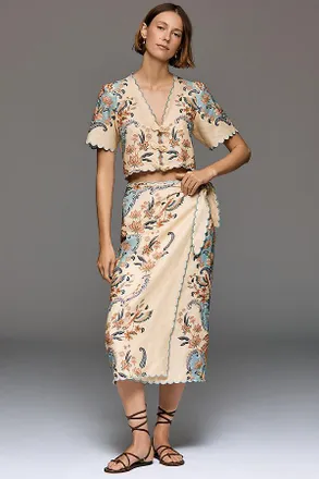 Farm Rio Scalloped Linen Midi Skirt