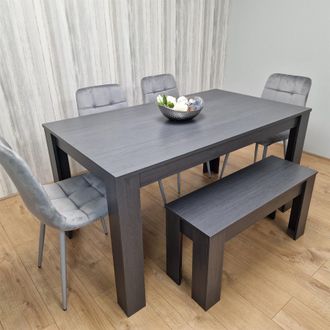 Kosy Koala Modern Dark Grey Dining Table Set with 4 Grey Velvet Chairs & 1 Bench in Brown