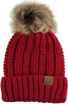 C.C Thick Cable Knit Faux Fuzzy Fur Pom Fleece Lined Skull Cap Cuff Beanie, Red