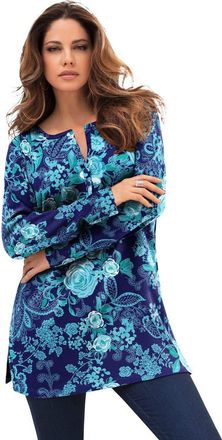 Roaman's Plus Size Knit Thermal Henley Top Long Sleeve in Navy Paisley Roses at Nordstrom, Size Small