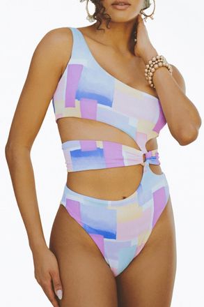 SOAH Gaia Retro Ribbed Cutout One-Piece Swimsuit In Pastel Shapes