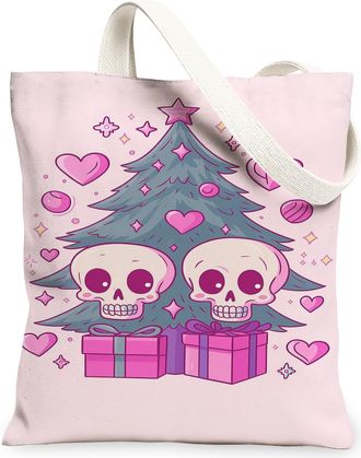 Generic Halloween Skull Canvas Tote Bags, Spooky Tree Pattern Reusable Grocery Bags, Vintage Peach Washable Shoulder Strap Canvas F, Peach, 13x15 Inch