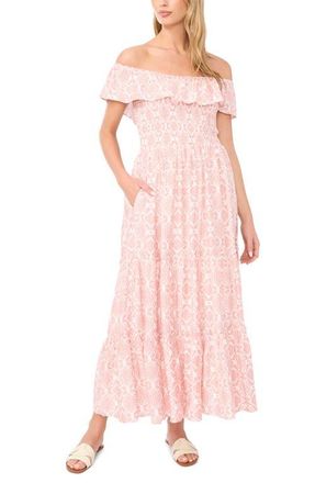 Vince Camuto Ruffle Off the Shoulder Smocked Bodice Tiered Sundress in Rose Hip at Nordstrom, Size Xx-Small