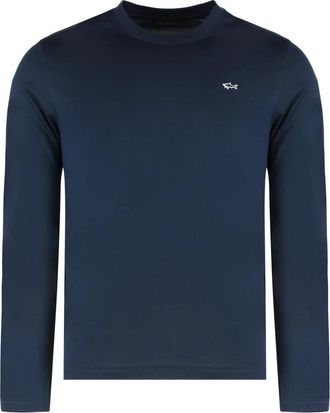 Paul & Shark Katoenen crew-neck T-shirt met logo - Heren - Longsleeves - Blauw - XL - Katoen - Tops
