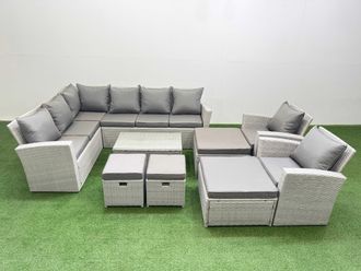 Fimous 12 Seater Garden Outdoor PE Rattan Furniture Set with 4 Footstools 2 Chair Light Grey Mixed