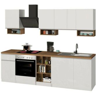 Dmora Dmora - Cucina completa Attimis, Set con dispensa, Mobile per cucinotto, Kit blocco lineare, 100% Made in Italy, 255x60h85 cm, Bianco lucido e Rovere