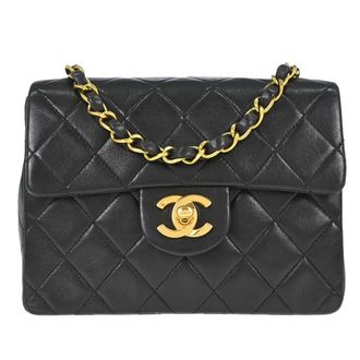Chanel Vintage Square Classic Single Flap Quilted Lambskin Black Leather Handbag (Pre-Owned)
