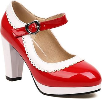 Generic Womens Chunky Heel Mary Jane Shoes Two-Tone Classic Office Heels Platform Formal Party Pumps,Red,5.5 UK