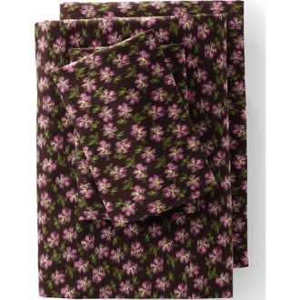 Lands End 5oz Velvet Flannel Plaid Sheets in Rich Coffee Artistic Floral at Nordstrom, Size Queen