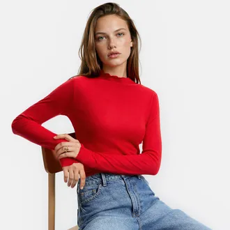 La Redoute Collections T-shirt met opstaande kraag en lange mouwen van lyocell en wol