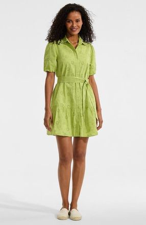 Lands End Elbow Sleeve Eyelet Knee Length Shirt Dress in Bright Pistachio Floral Eyelet at Nordstrom, Size Medium