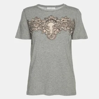 Sandro Grey/Beige Cotton and Lace T-Shirt S