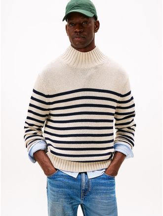 Tommy Hilfiger Mens Relaxed Breton Stripe Mockneck Sweater - Beige - XS