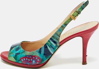 Loriblu Multicolor Patent Leather Printed Flower Peep Toe Slingback Pumps