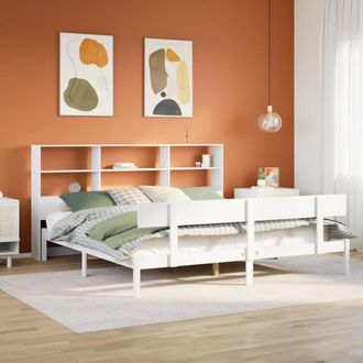 Berkfield Home Bookcase Bed Frame Wax Brown 135x190cm Double Solid Wood Pine in White | Size: Super King
