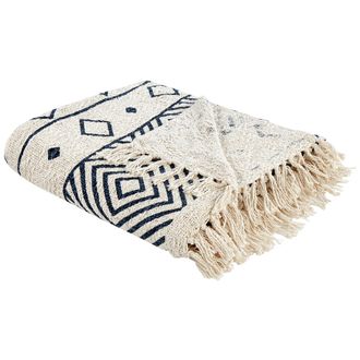 Beliani Beliani - Manta De Algod&oacute;n Motivo Geom&eacute;trico Accesorio Tejido A Mano Flecos Beige Y Azul Marino 220 X 240 Cm Najuy