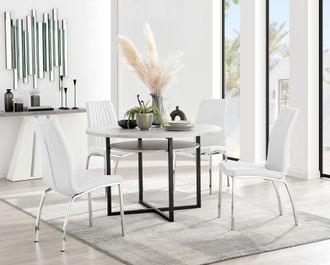 Furniturebox Adley Grey Concrete Effect Round Dining Table & 4 Isco Faux Leather Chairs in White