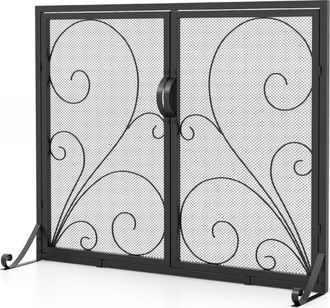Costway Costway - Pantalla De Chimenea De Puerta Doble 96 X 78 Cm, Pantalla Protectora Contra Incendios Plana, Soportes Delanteros Y Traseros De Soporte Estab