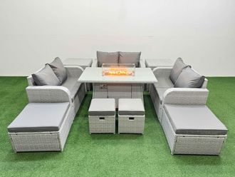 Fimous 10 Seater Outdoor Garden Furniture Set with Gas Firepit Table in Light Grey