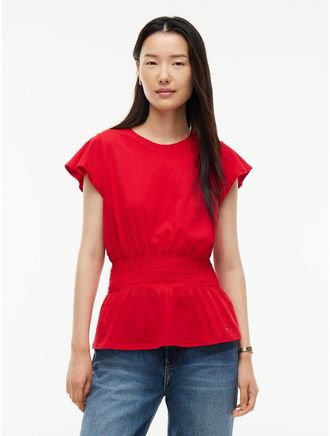 Tommy Hilfiger Womens Flutter-Sleeve Shirred T-Shirt - Primary Red - XXL