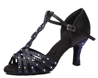 Minitoo Latin Ballroom Shoes for Women Rhinestones Beaded Wedding Formal Party Sandals L383 Black 7.5cm Heel UK 5