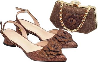 Generic Women Luxury Italian Design Shoes and Bag Set with Rhinestone Elegant Party Wedding Suit Brown