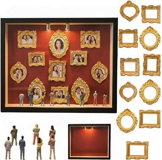 OEM Mini Museum Silhouette - 8 Figuras De Madera Y 11 Marcos Dorados - Kit De Exposici&oacute;n 3d Para Bodas Y Fiestas - 30x30x5 Cm