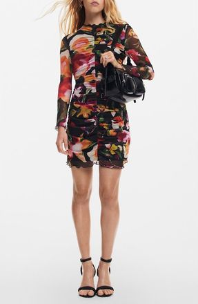 Desigual Floral Ruched Long Sleeve Minidress in Black at Nordstrom, Size X-Large