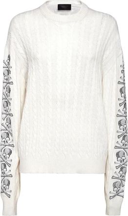 Philipp Plein Pullover Round Neck Skull - Dames - Ronde hals truien - Wit - M - Wol - Truien & Vesten