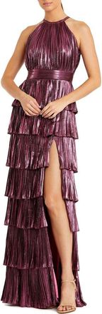 Mac Duggal High Neck Heat Pleated Tiered Ruffle Metallic Gown in Rose at Nordstrom, Size 14