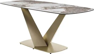 Vente-Unique Vente-unique - Tavolo Pranzo 6 Persone Ceramica Vetro Temp. Metallo Dorato Eff. Marmo Bianco Grigio - Porelima Maison C&eacute;phy