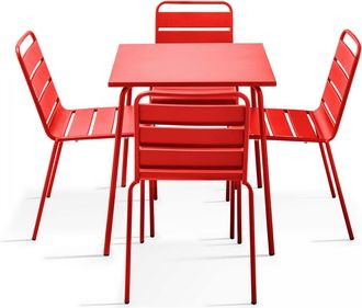 Oviala Mesa de jardín y 4 sillas de metal rojo