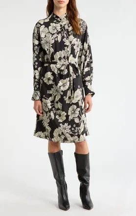 Melloday Floral Tie Belt Long Sleeve Dress in Black Flower Multi at Nordstrom, Size X-Small