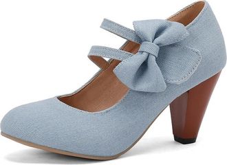 Generic Women Denim Double Strap Pumps Round Toe Pointed Heel Bow Decor Cutout Ankle Strap Non Slip Durable Comfortable Dress Party Shoes,Light Blue,10.5 UK