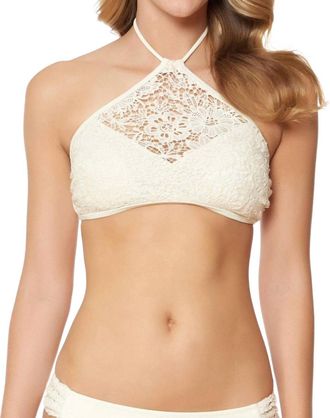 Jessica Simpson Flower Power Crochet High Neck Halter Bikini Top In Vanilla