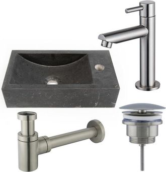 Saniclass Fuente fonteinset - 40x22 - 1 kraangat - rechts - natuursteen - fonteinkraan Geborsteld RVS PVD (RVS) - donker
