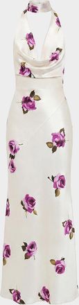 n/nicholas Lyria Rose-Print Satin Gown