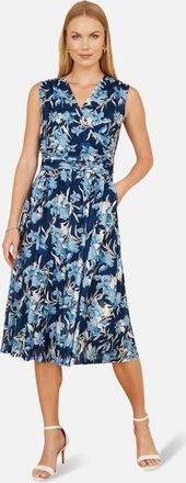 Yumi Floral Wrap V Neck Midi Skater Dress in Blue at Nordstrom, Size 12