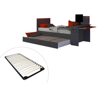 Vente-Unique Letto a scomparsa gamer 2 x 90 x 200 Con scrivania led Antracite e Rosso + Rete - vouani