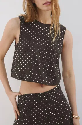 Mango Polka Dot Sleeveless Linen Blend Crop Top in Black at Nordstrom, Size Xx-Small