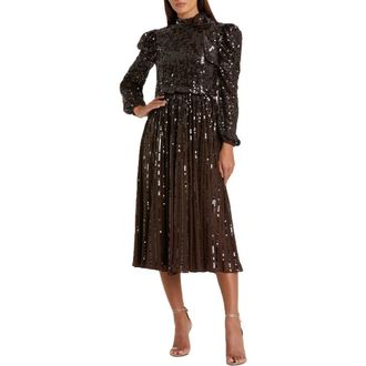 Mac Duggal Long Sleeve Tea Length Sequin Dress in Dark Chocolate at Nordstrom, Size 14