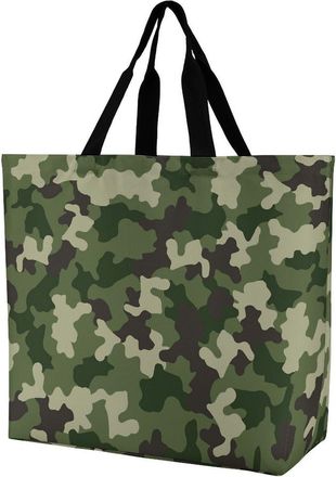 Generic Green Camouflage Seamless Reusable Grocery Bag Large Capacity Foldable Shopping Tote with Inner Pocket