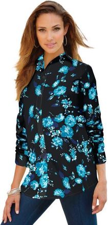 Roaman's Plus Size Kate Long Sleeve Easy Cotton-Blend Button-Front Shirt in Teal Rose Floral at Nordstrom, Size 34