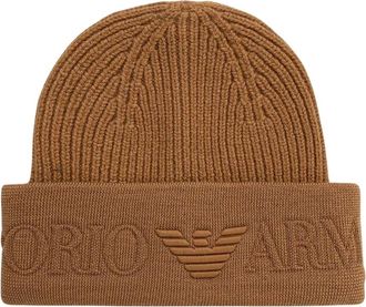Emporio Armani Ribbed Virgin Wool Beanie - Heren - Accessoires - Bruin - Maat: L Wol