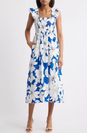 Anne Klein Ruffle Smocked Midi Dress in Palace Blue Multi at Nordstrom, Size X-Large P