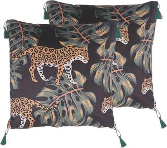 Beliani Conjunto De 2 Cojines Decorativos Verdes Poli&eacute;ster Estampado De Leopardo 45 X 45 Cm Sal&oacute;n Dormitorio Moderno Glamuroso Kuhi