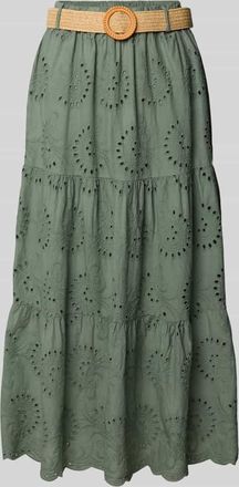 Zabaione Midirock mit Lochstickerei und Gürtel in Khaki, Größe XXL